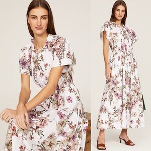 ADAM LIPPES Floral Short Sleeve Ruffle Trim Cinch Tie Waist Shirred Maxi Dress 4